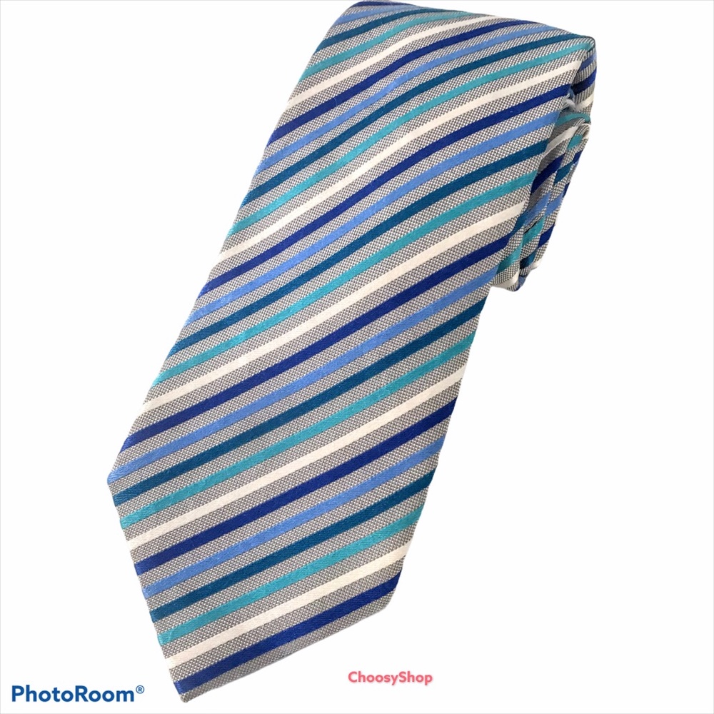 Gray w/Royal Blue & Turquoise White Striped Tie